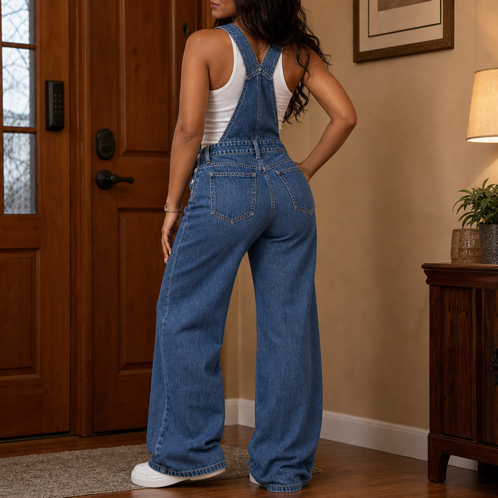 Blue wide-leg denim overalls from the side with large patch front and belt-loop detailing