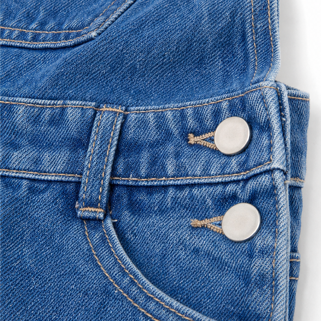 Close-up of blue denim overalls front pocket with two round metal buttons