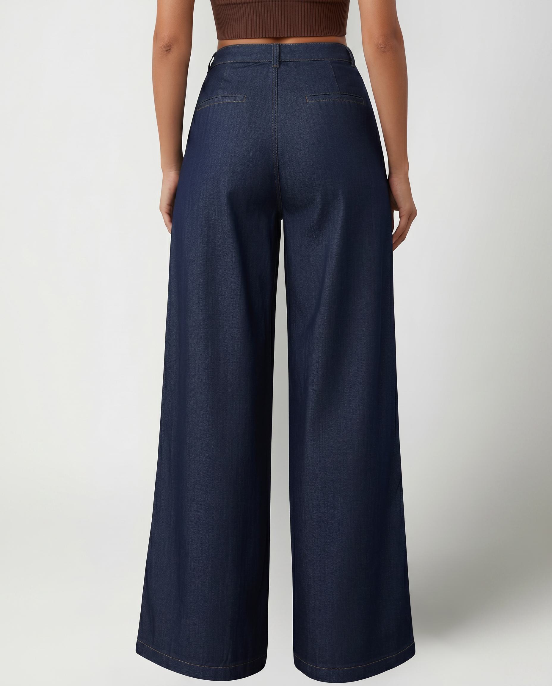 Navy denim wide-leg jeans with back yoke seam and side pockets