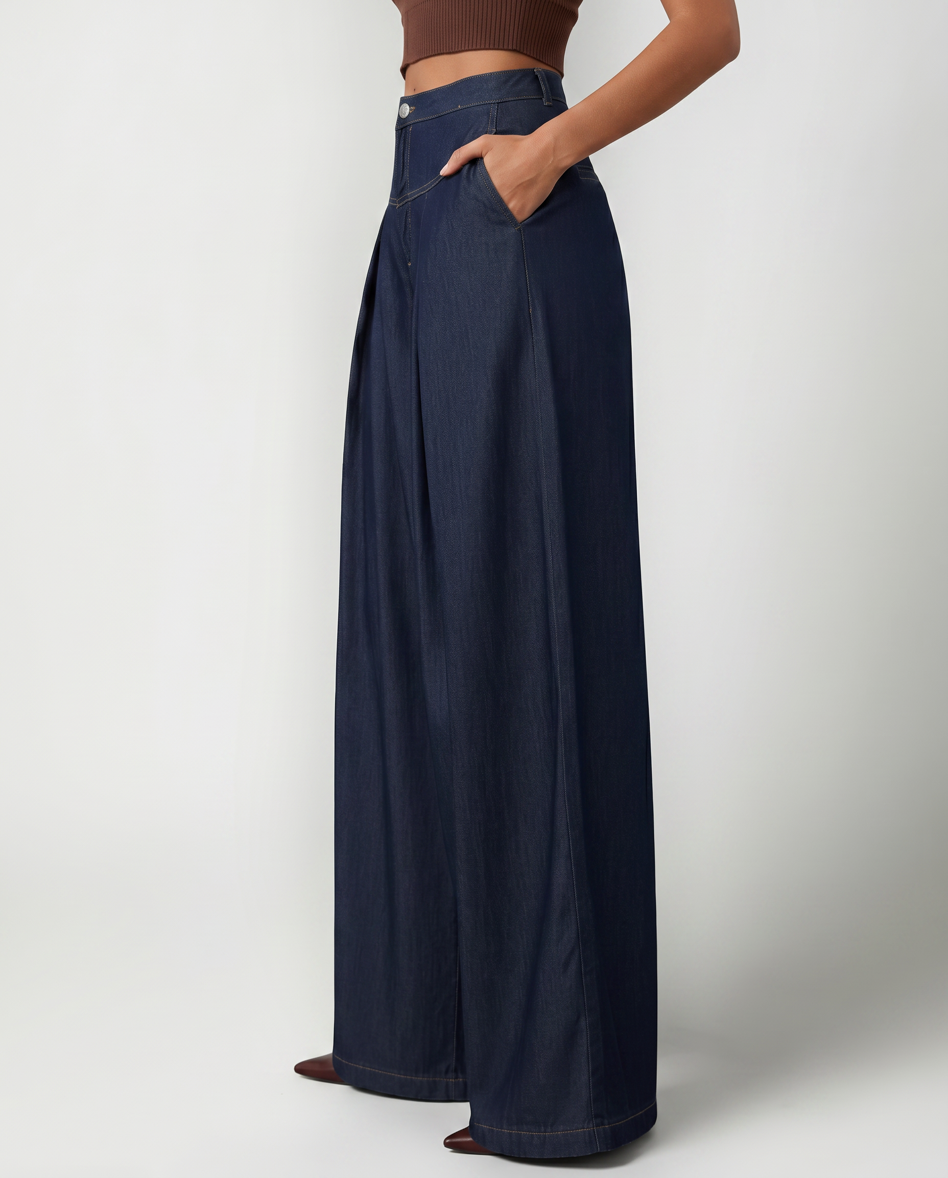 Navy denim wide-leg jeans with front pleats and wide straight legs