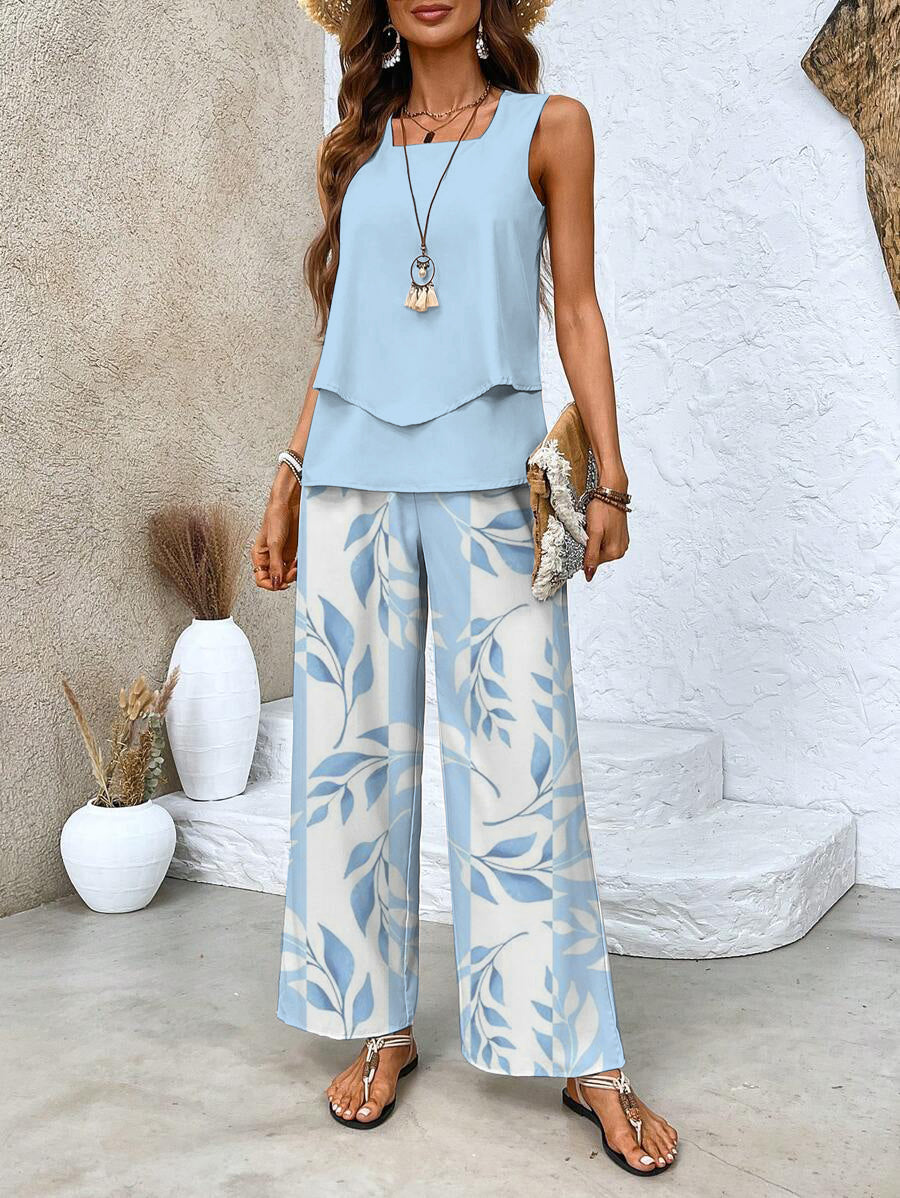 Light blue leaf print two-piece set, sleeveless top with wide-leg pants
