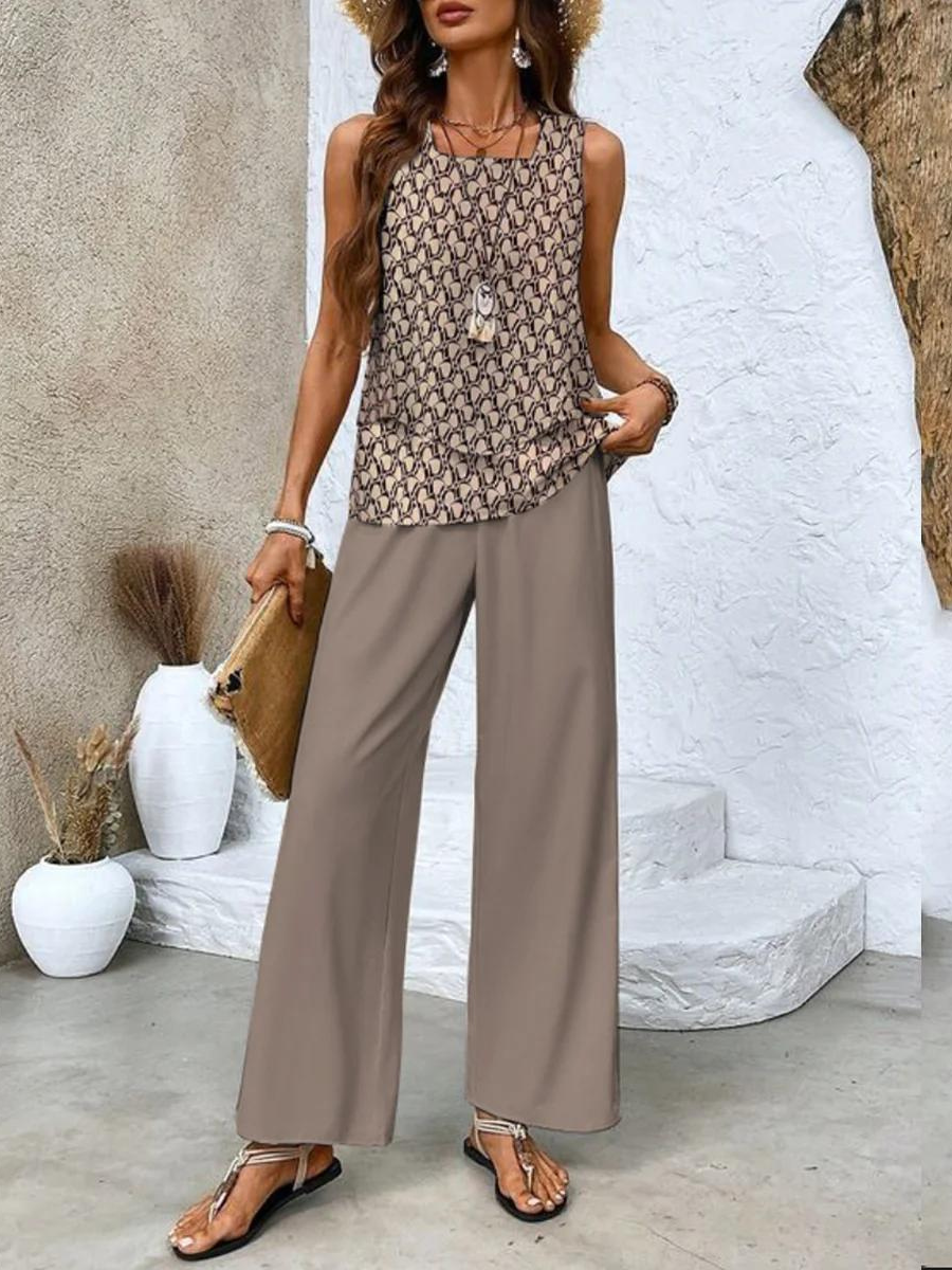 Brown patterned sleeveless two-piece set with taupe wide-leg pants