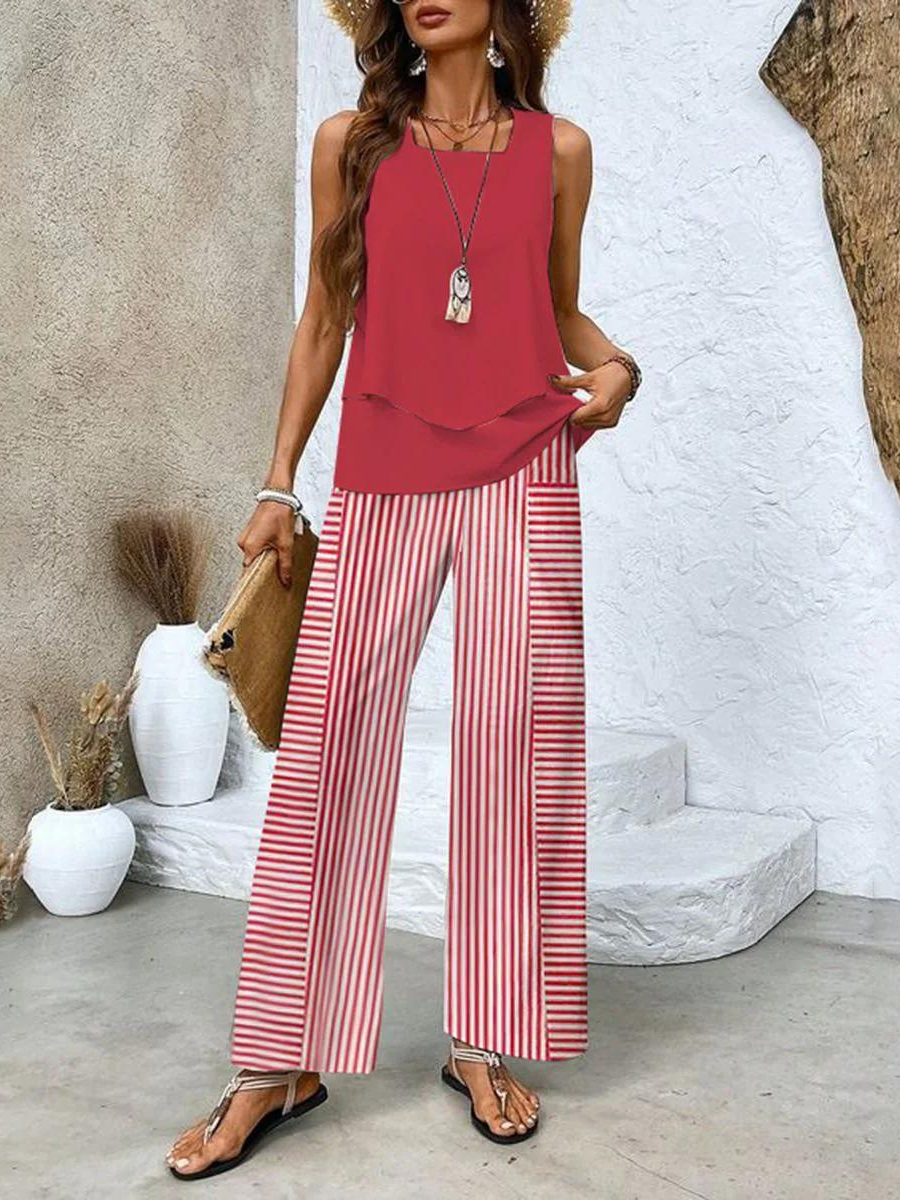 Red sleeveless two-piece set with striped wide-leg pants