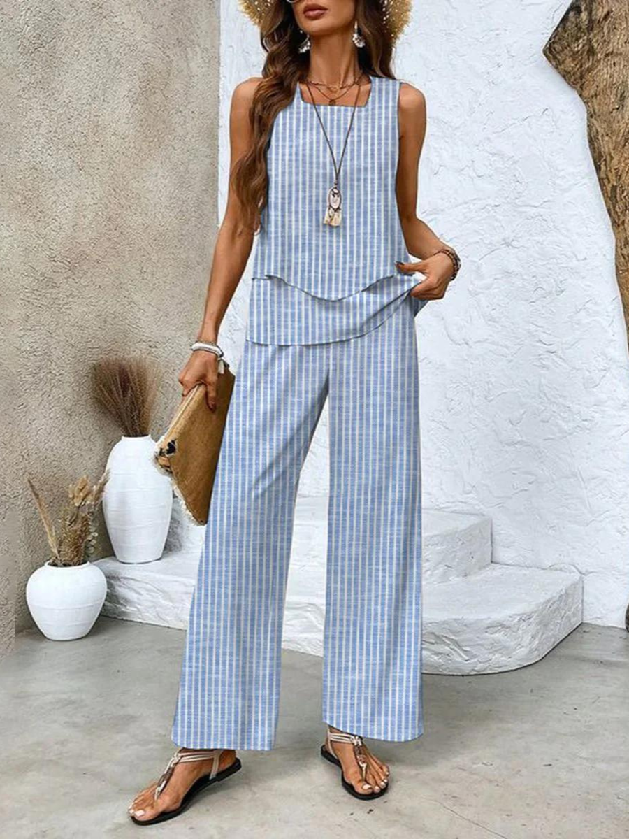 Blue striped sleeveless two-piece set with wide-leg pants