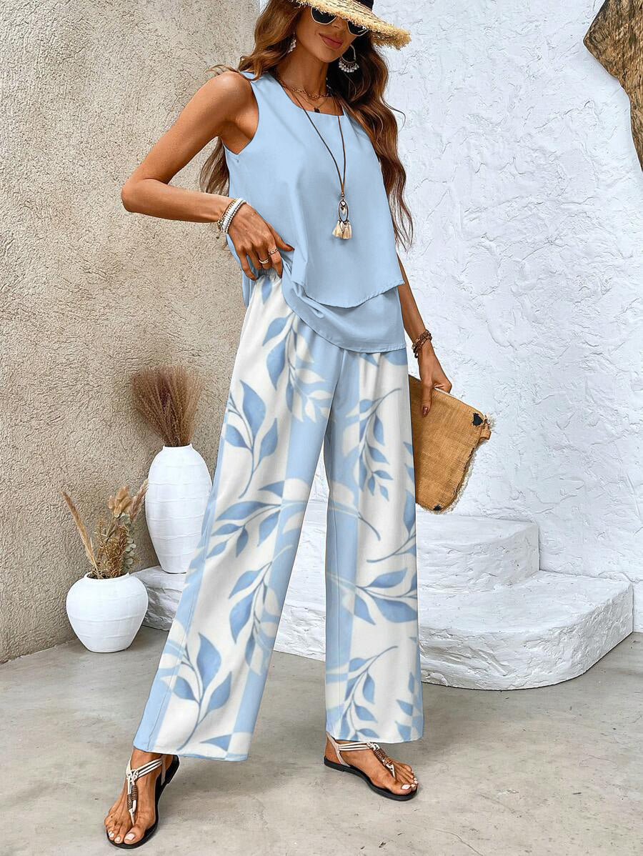 Sky blue leaf print sleeveless two-piece set with wide-leg pants