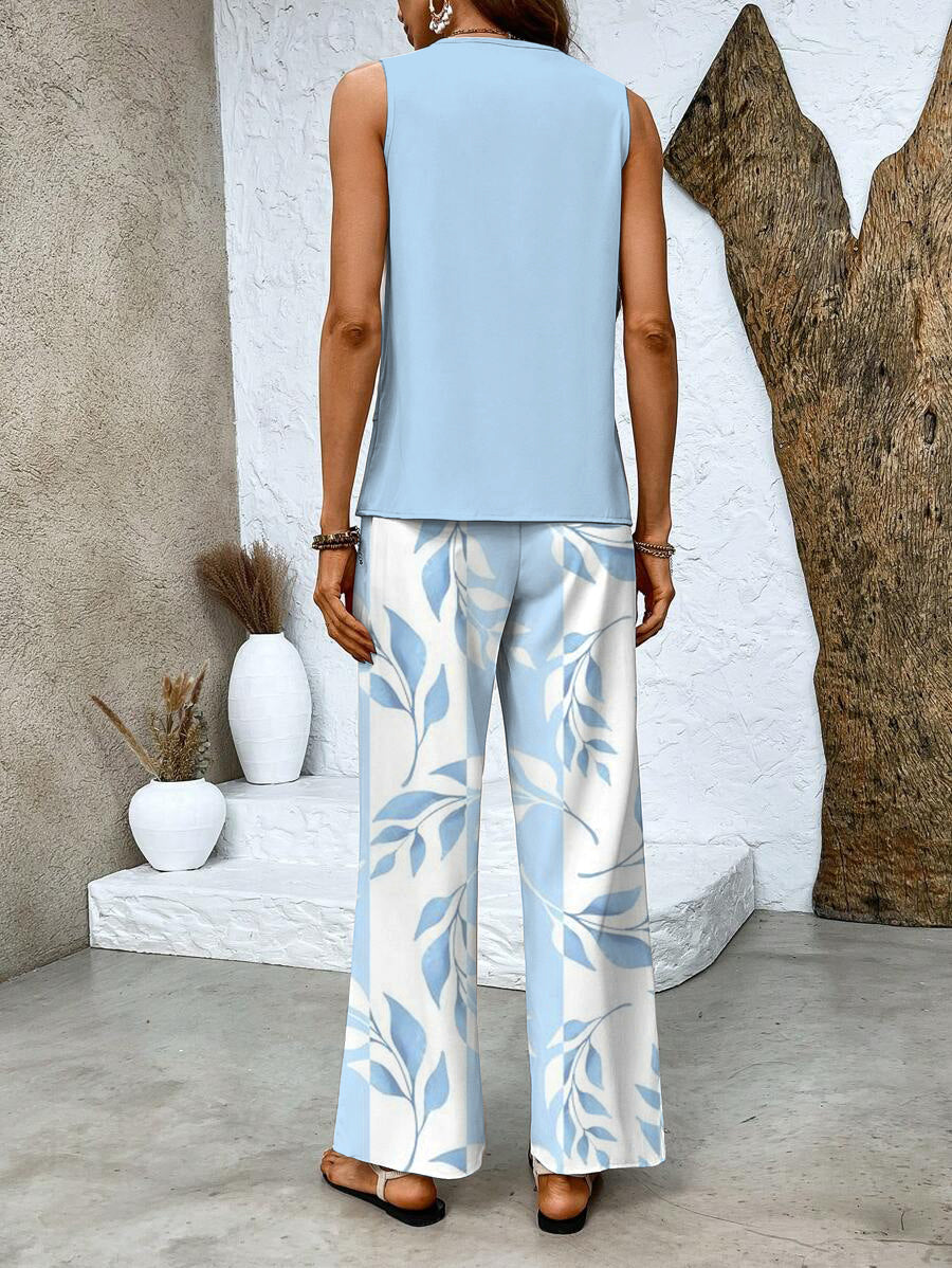 Light blue leaf print sleeveless two-piece set with wide-leg pants