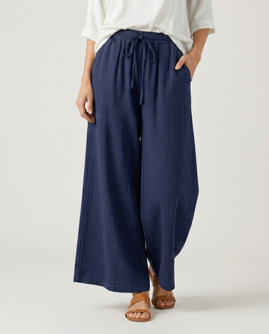 Navy wide-leg drawstring trousers with elastic waist and gathered front