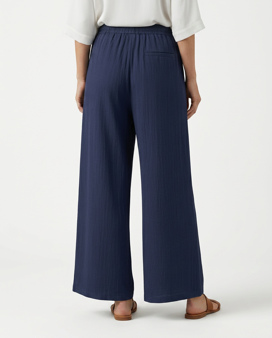 Navy wide-leg drawstring trousers, straight wide legs and elastic waistband