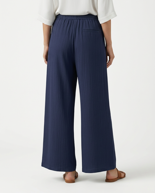 Navy wide-leg drawstring trousers, straight wide legs and elastic waistband
