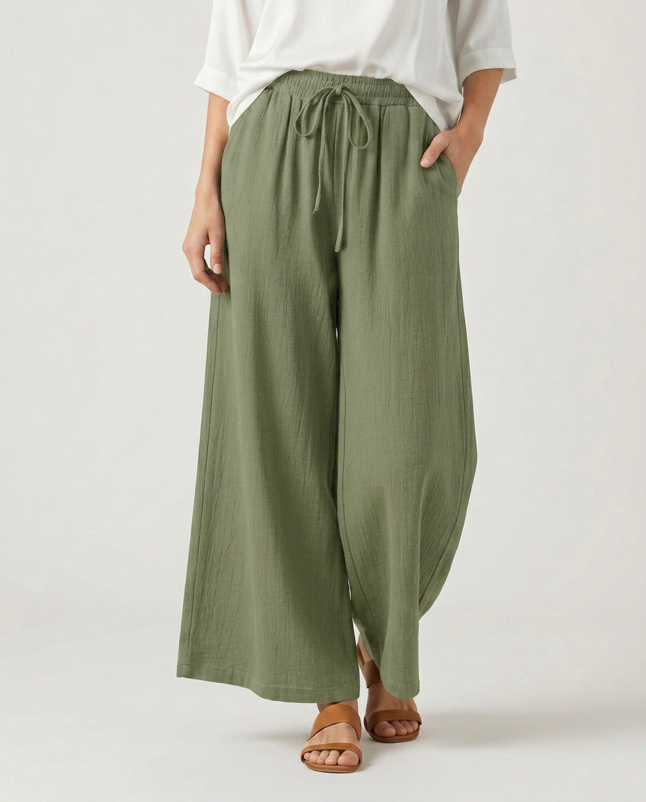 Olive green wide-leg drawstring trousers with elastic waist and gathered cuffs