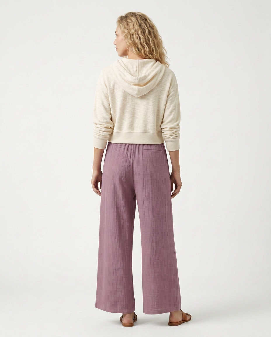 Lilac wide-leg drawstring trousers with elastic waist and relaxed wide pant legs