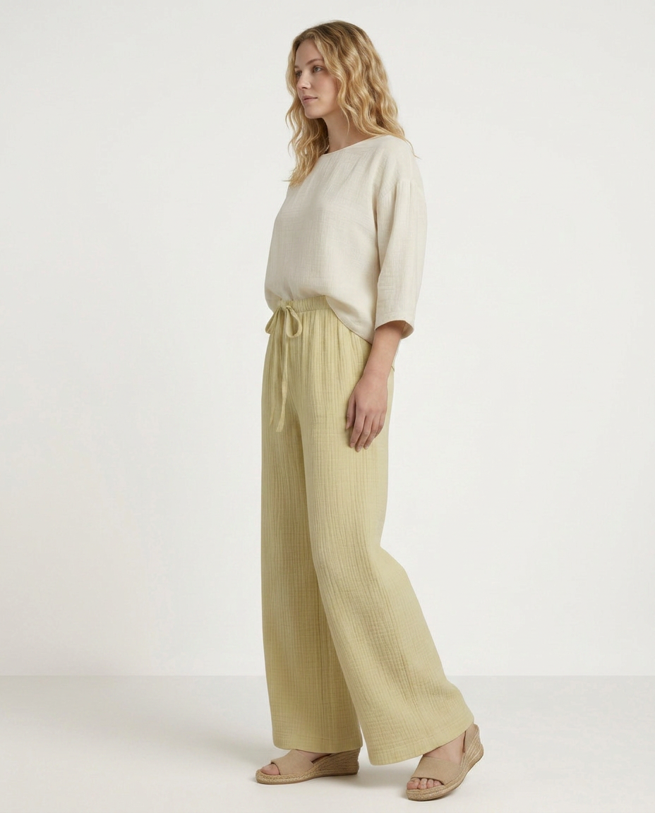 Light yellow wide-leg trousers with elastic waist and drawstring, side view