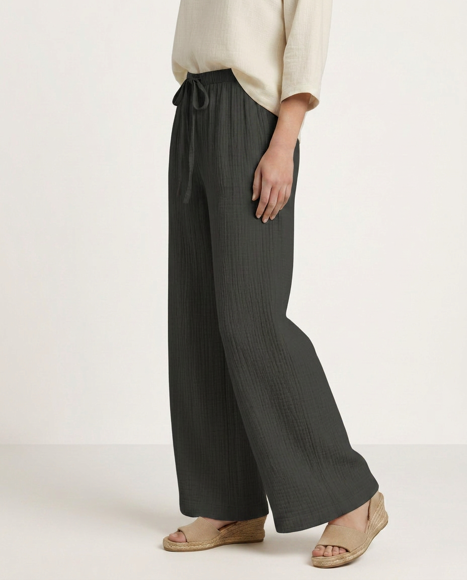 Dark charcoal wide-leg trousers with drawstring elastic waist and wide legs