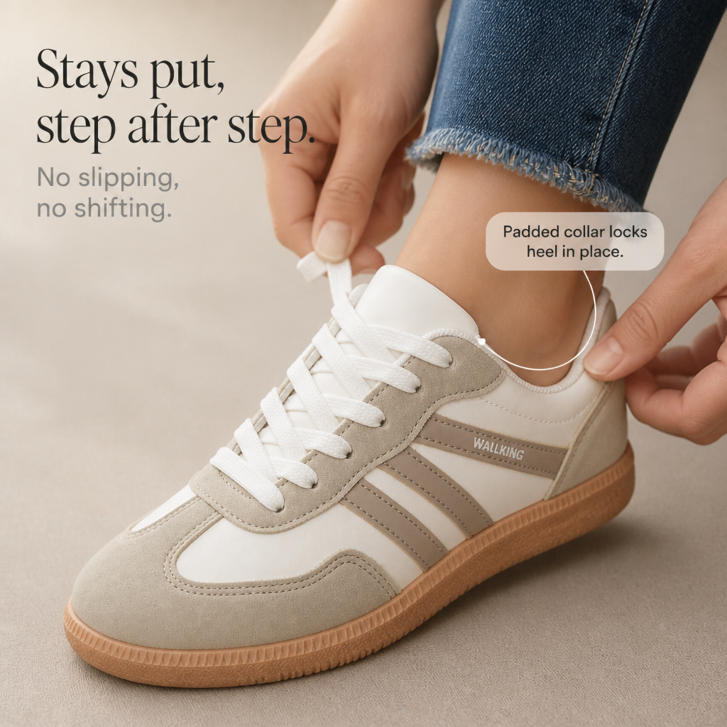 White and taupe cushioned wide-toe sneakers with padded collar and lace-up