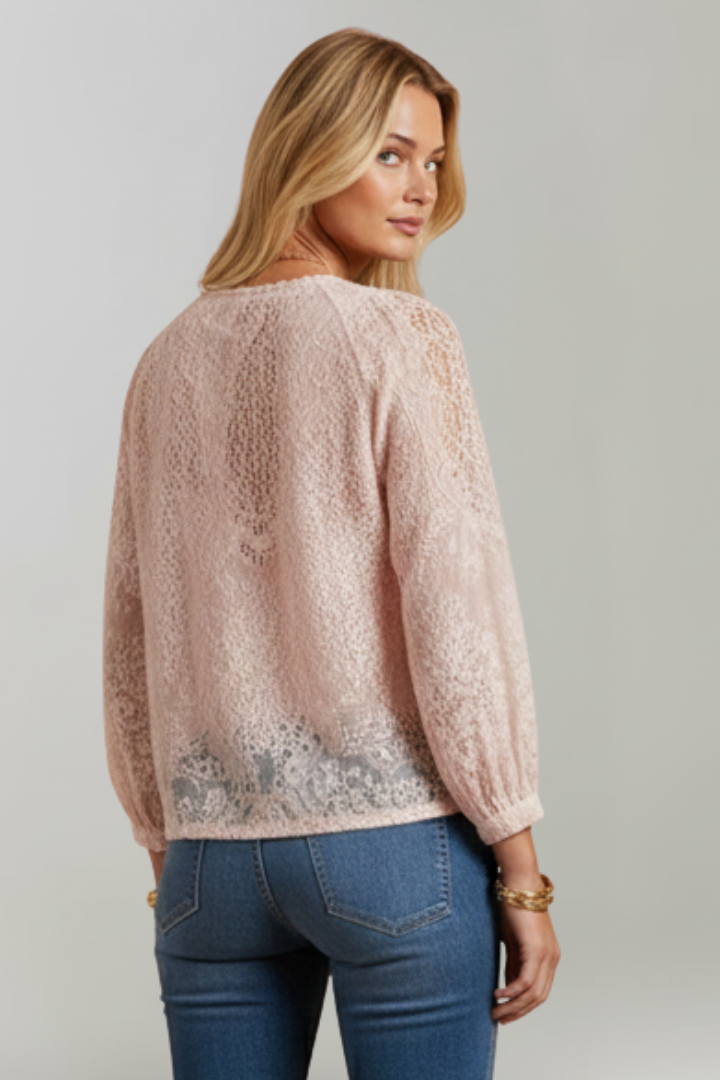 Pink lace blouse with lace back and long puff sleeves; tied neckline detail