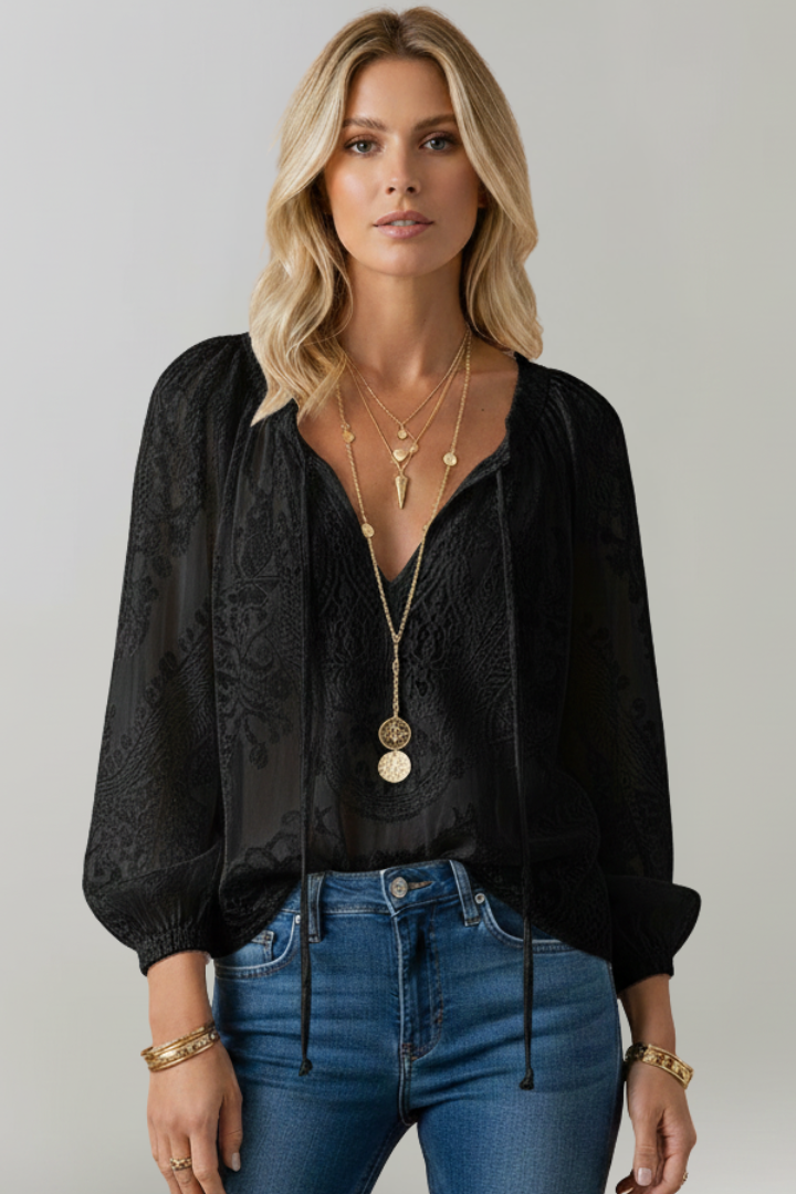 Black lace blouse with tied V-neck, sheer lace long sleeves, and drawstring hem