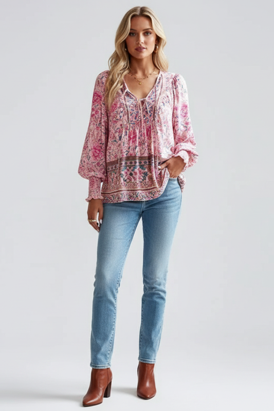 Pink floral long-sleeve blouse with V-neck, ruffled cuffs, and pintuck detail
