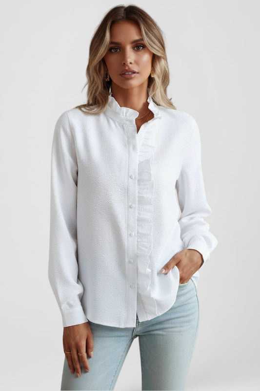 White long-sleeve blouse with ruffled placket and stand collar