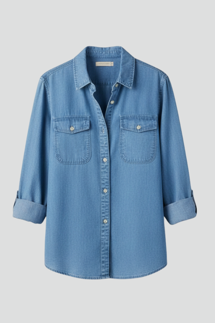 Blue denim long sleeve shirt with two chest pockets and button front