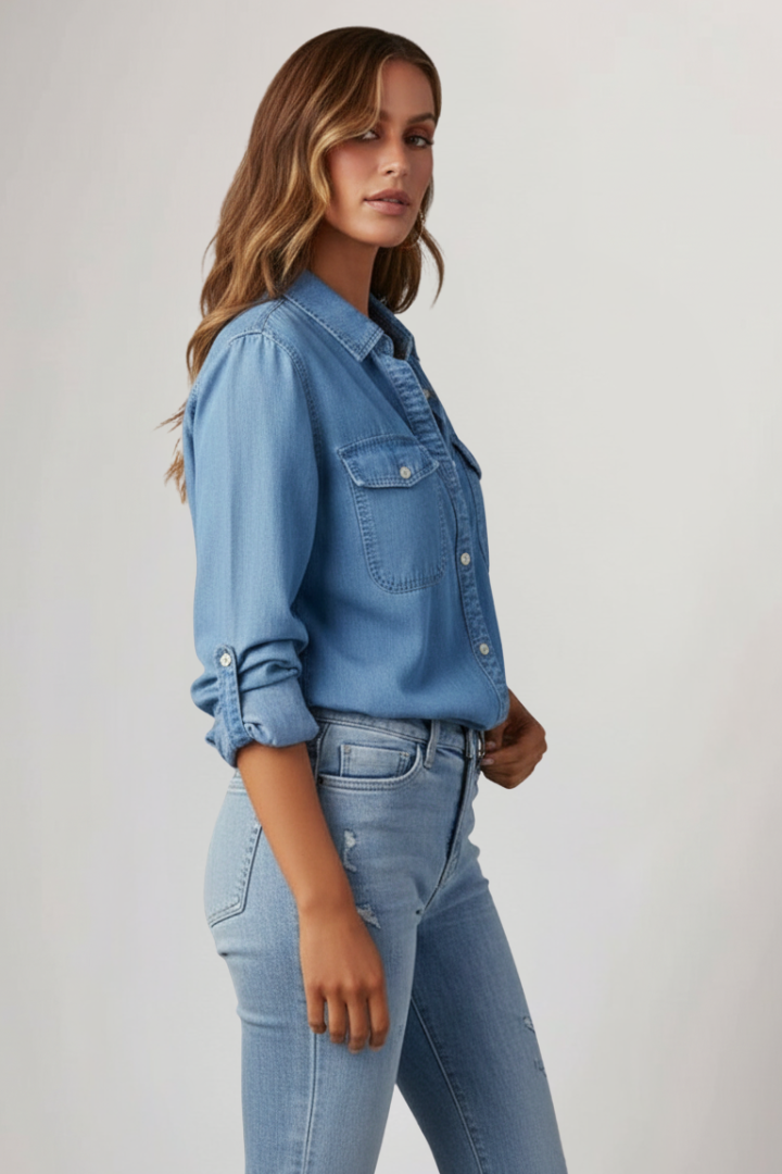 Blue denim long sleeve shirt with chest pockets and button front, angled view