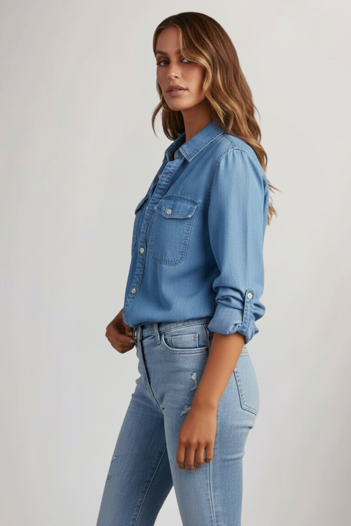 Blue denim long sleeve shirt with chest pocket and button front, side view