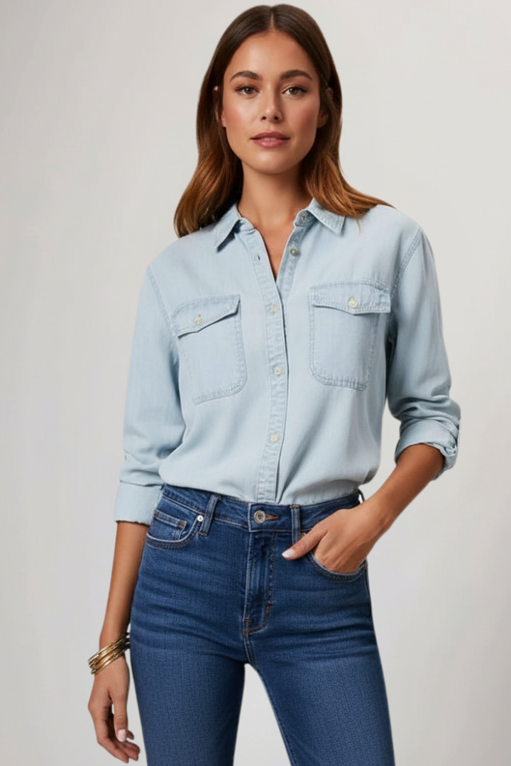 Light blue denim long sleeve shirt with two chest pockets and button front