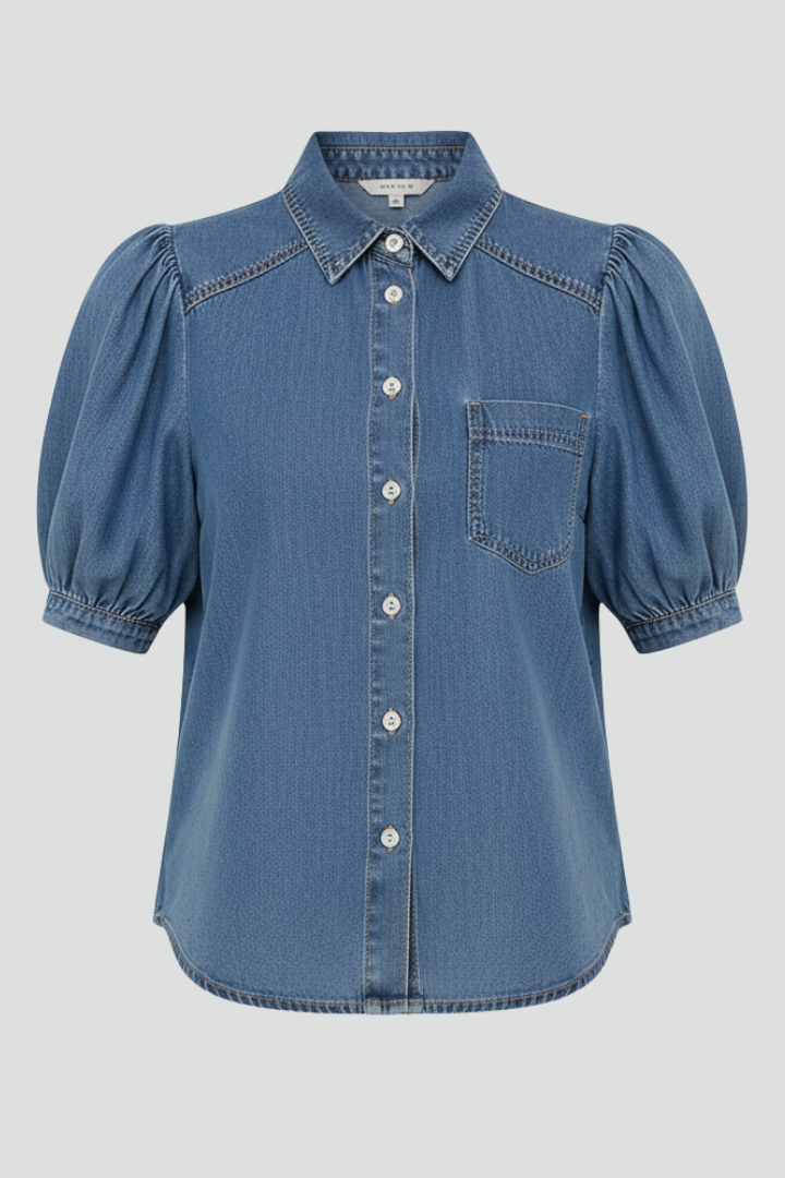 Blue denim puff-sleeve shirt with button front and chest pocket