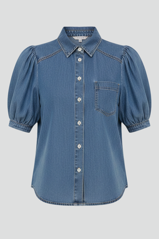 Blue denim puff-sleeve shirt with button front and chest pocket
