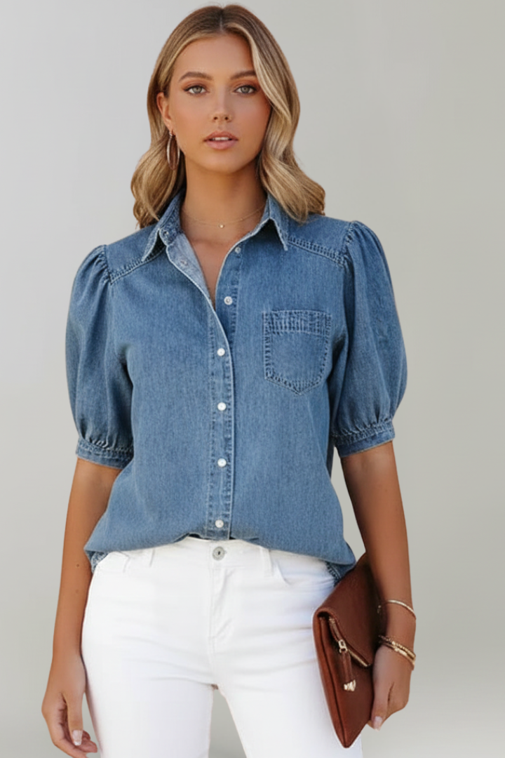 Blue denim puff-sleeve shirt with chest pocket and gathered cuffs