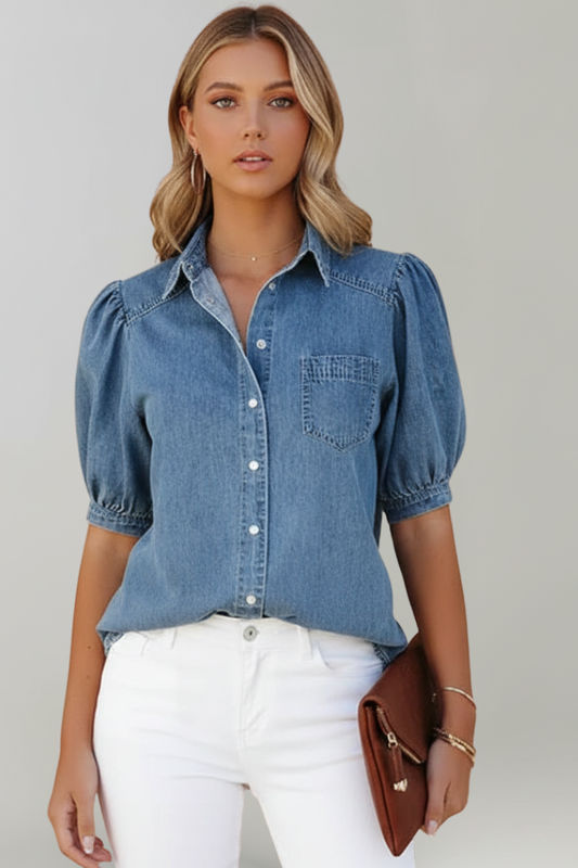 Blue denim puff-sleeve shirt with chest pocket and gathered cuffs