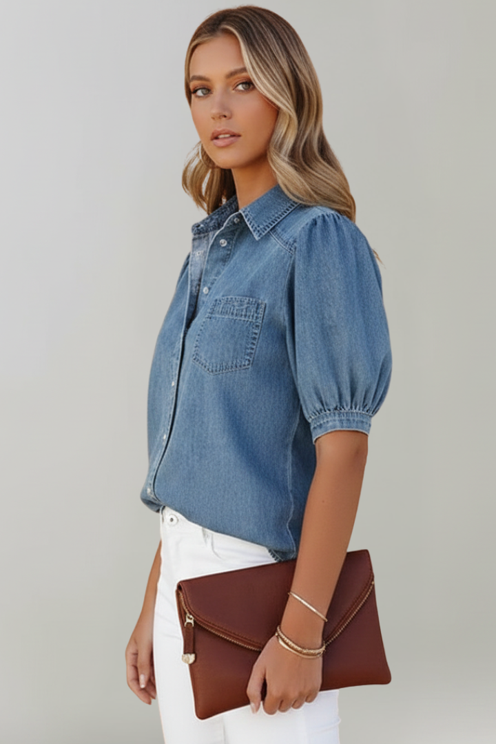 Blue denim puff-sleeve shirt with chest pocket and button placket