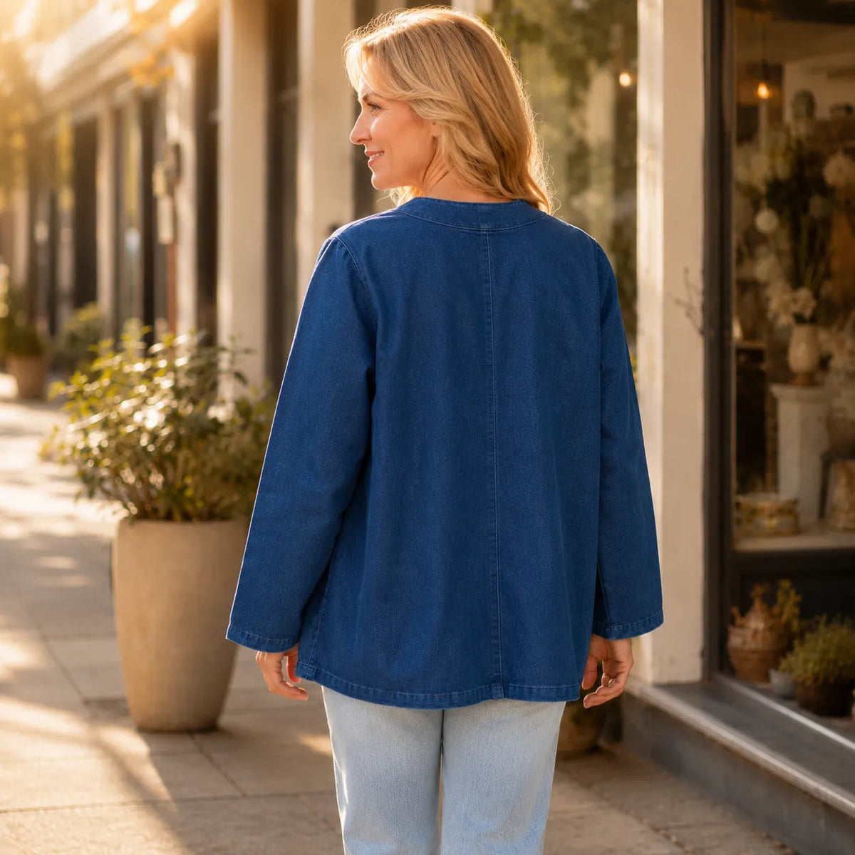 Women's V-Neck Collarless Denim-like Jacket, Soft Button-Front Layer