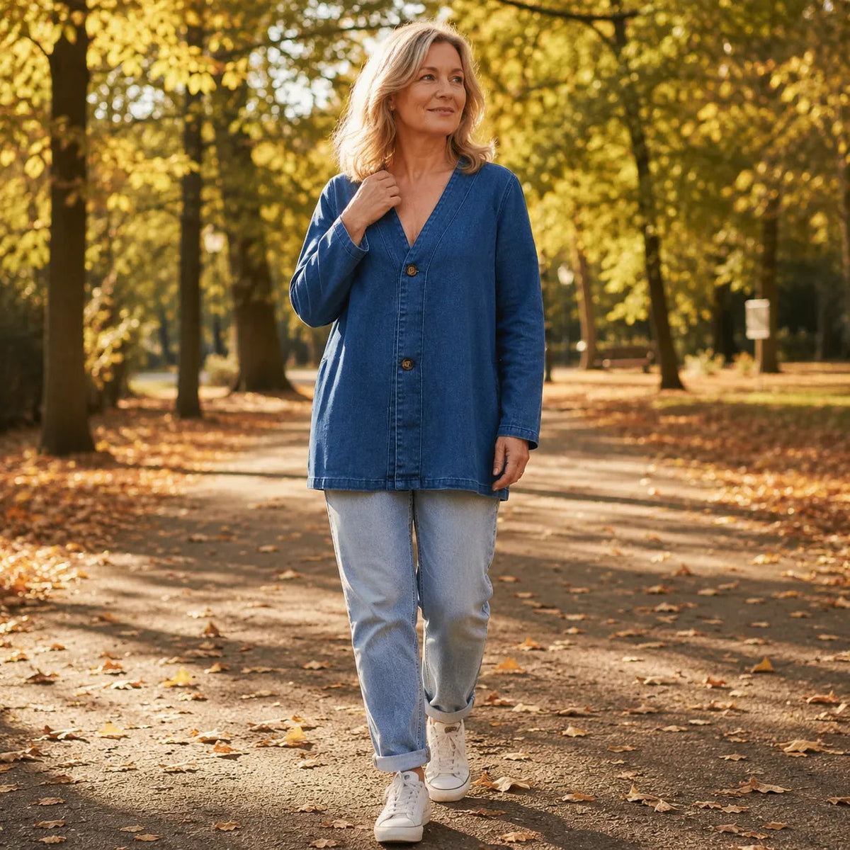 Women's V-Neck Collarless Denim-like Jacket, Soft Button-Front Layer