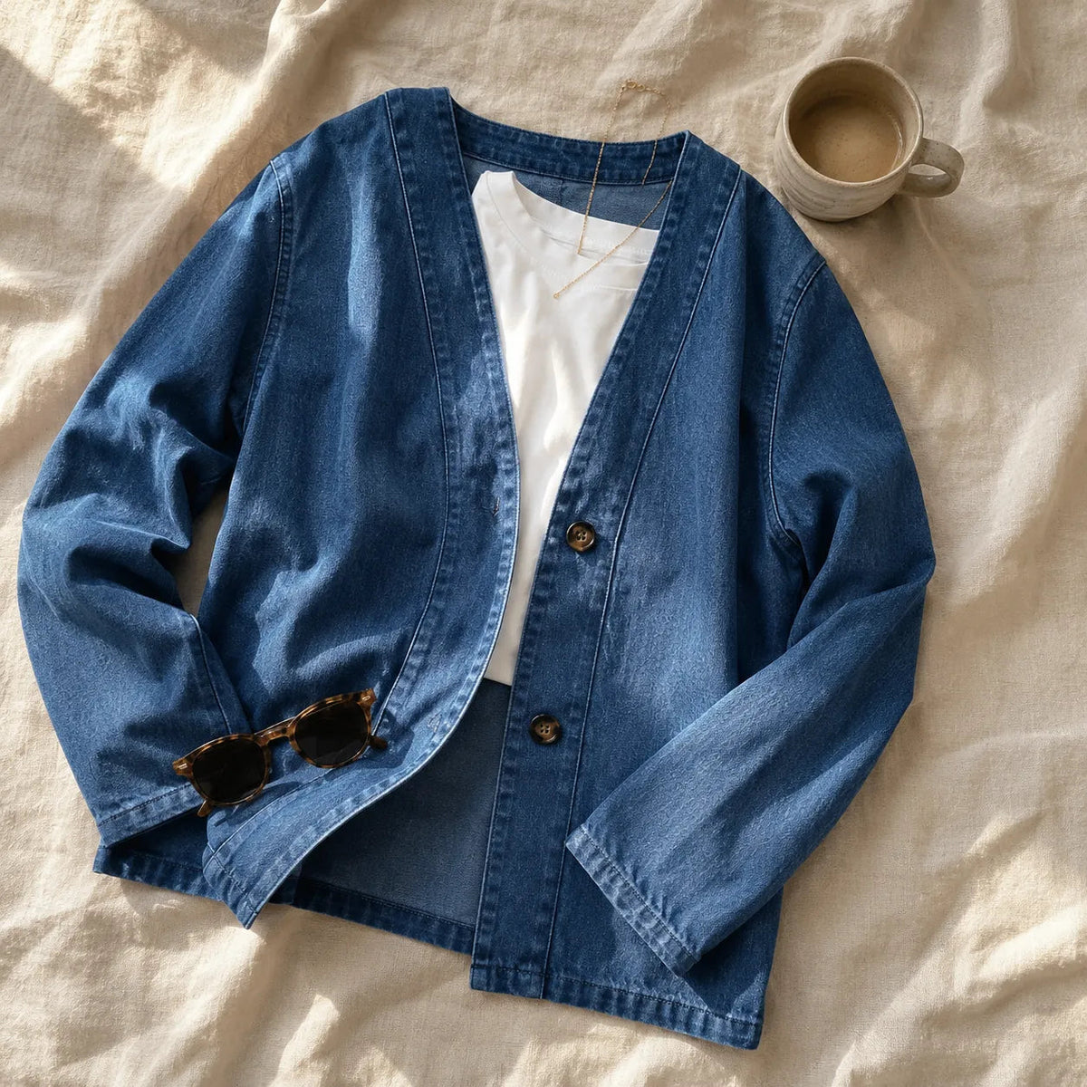 Women's V-Neck Collarless Denim-like Jacket, Soft Button-Front Layer