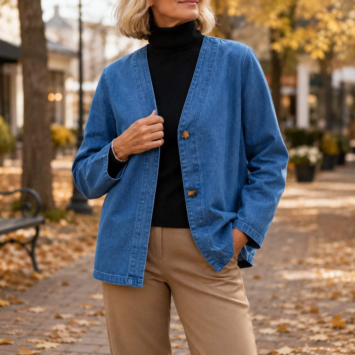 Women's V-Neck Collarless Denim-like Jacket, Soft Button-Front Layer