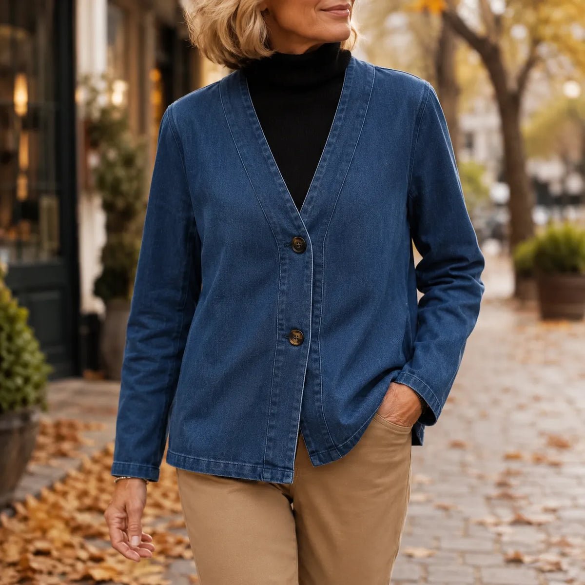 Women's V-Neck Collarless Denim-like Jacket, Soft Button-Front Layer