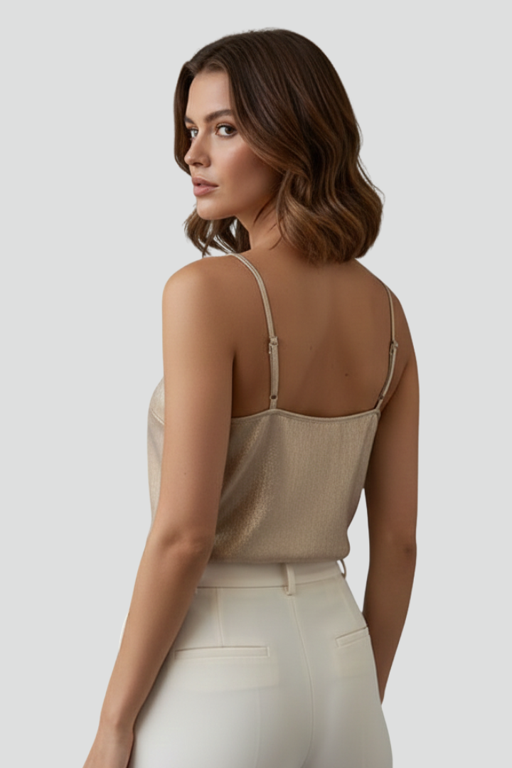 Gold thin-strap V-neck camisole top with low scoop back and adjustable straps