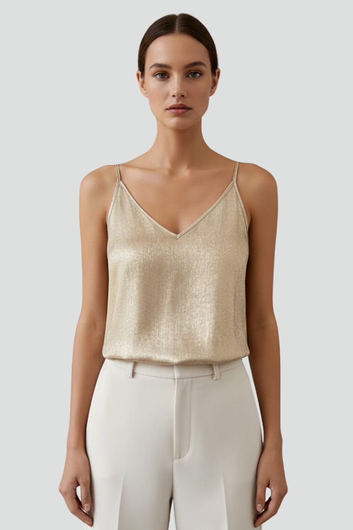 Gold thin-strap V-neck camisole top with spaghetti straps and V-shaped neckline