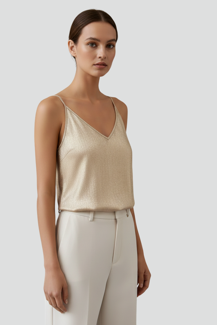 Gold thin-strap V-neck camisole top with V neckline and adjustable shoulder straps