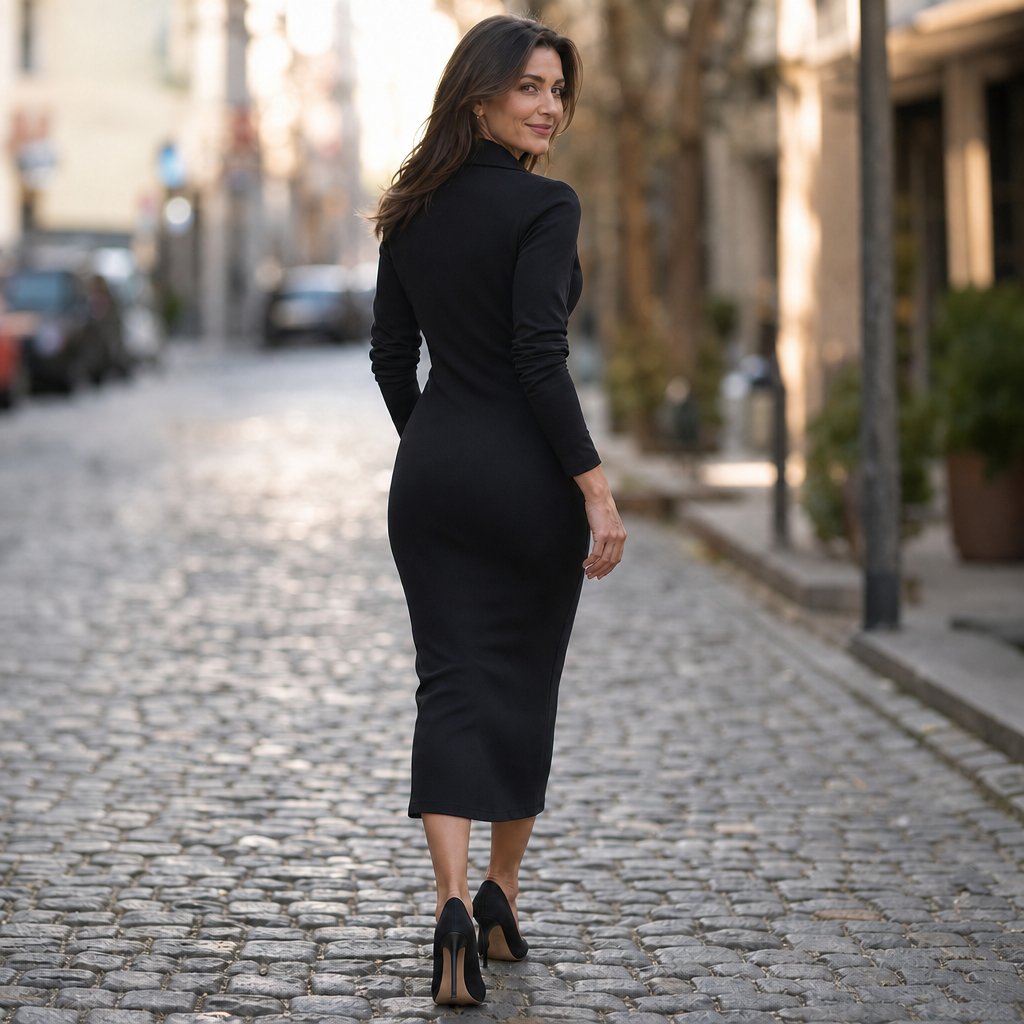 Black zip-front bodycon midi dress with front slit, shown from the side