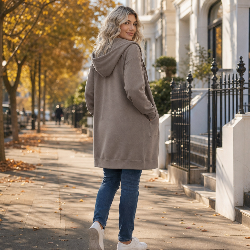 Zip-Front Hooded Mid-Length Knit Cardigan