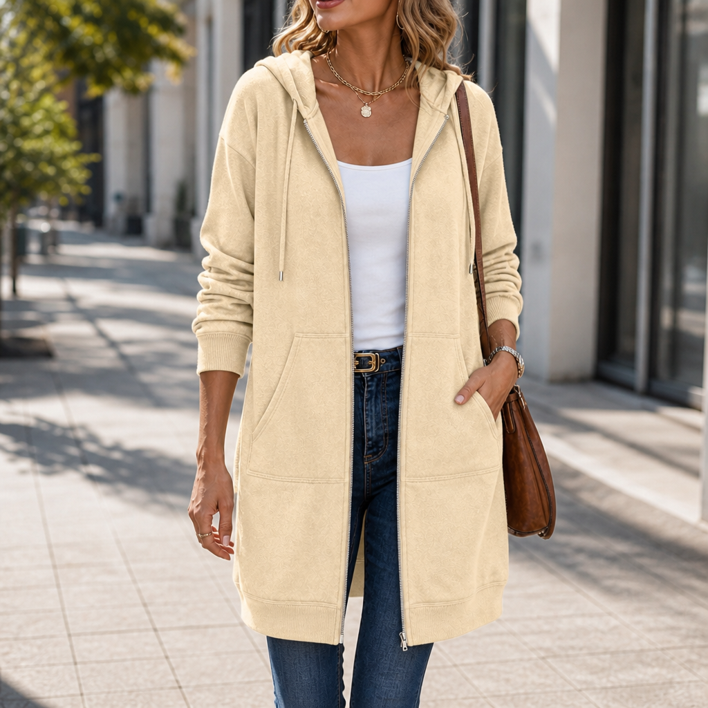 Zip-Front Hooded Mid-Length Knit Cardigan